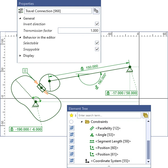 Two contours rolling on each other via a travel connection, with locked constraints, plus the element tree with the constraints and the properties of the travel connection