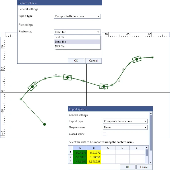 Spline rail with sliders, plus the windows for exporting and importing a spline