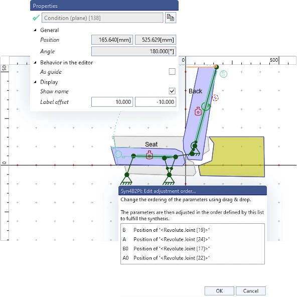 Synthesis for a car seat mechanism in ASOMv10: properties of a plane condition and the dialog for the adjustment order of the joint positions