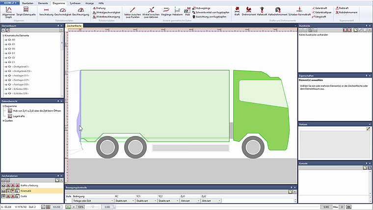 Bild bestehend aus der Benutzeroberfläche von der ASOM Kinematik-Software zum Fallbeispiel "Kinematik einer LKW Ladeklappe"