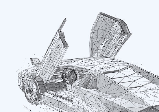 Wireframe-Bild eines Autos mit offenen Flügeltüren auf einem hellen Hintergrund.