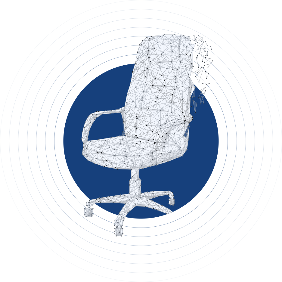 Wireframe-Bild eines Bürostuhls in einem dunkelblauen Kreis