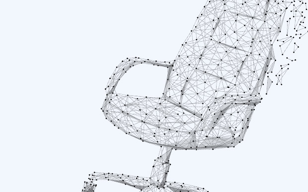 Wireframe-Bild eines Bürostuhls auf einem hellen Hintergrund.