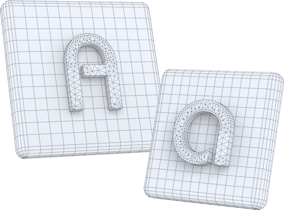 Zwei 3D Icons mit großem "A" für ASOM Kinematik-Software und kleinem "a" für ASOMminie Kinematik-Software als Wireframe