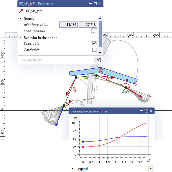 Image consisting of components of the user interface of ASOM v10 kinematics software highlighting the advantage "The redesigned user interface promotes efficient work, even in teams."