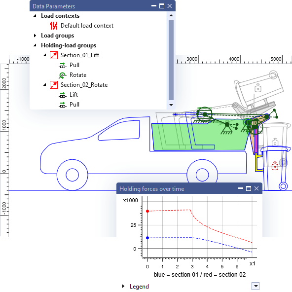 Image consisting of components of the user interface of ASOM v10 kinematics software highlighting the advantage "Calculate forces any way you want".