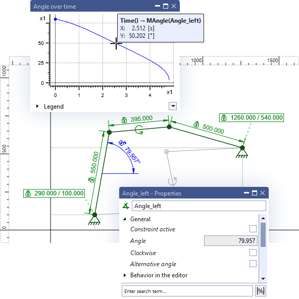 Image consisting of components of the user interface of ASOM v10 kinematics software highlighting the advantage "Save time and nerves when dealing with complex problems"