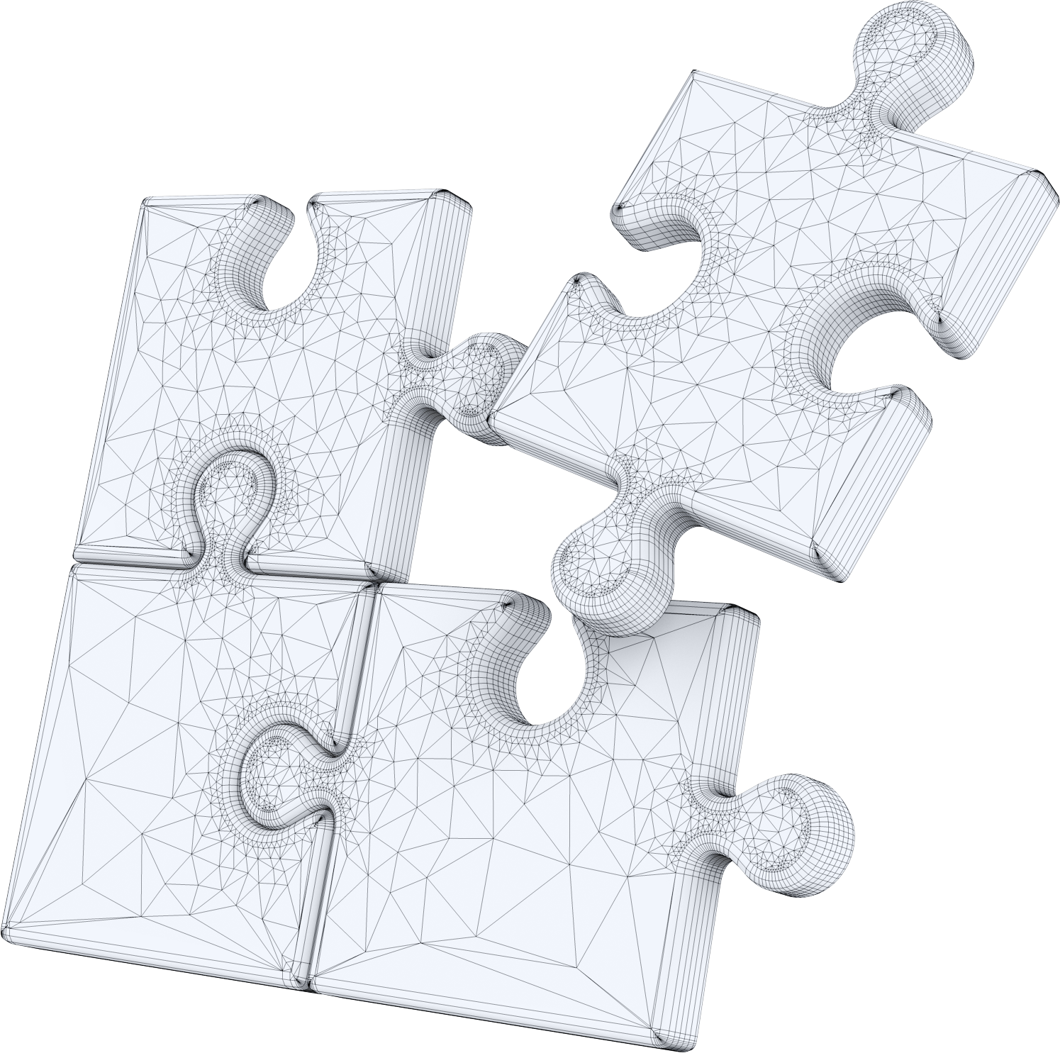 Vier Puzzleteile, die sich zusammenfügen, von dem eins noch nicht zusammengefügt ist als Wireframe