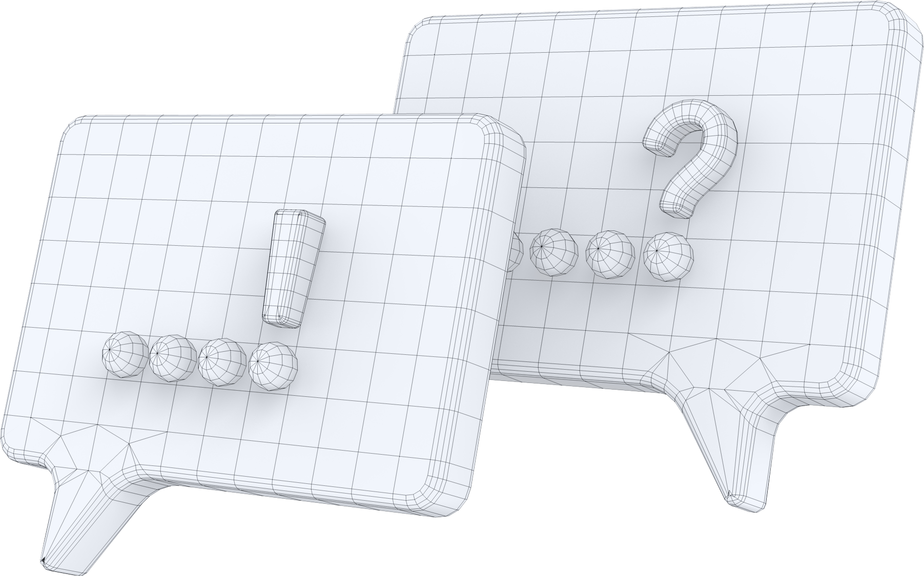 Zwei Sprechblasen mit Fragezeichen und Ausrufezeichen als Wireframe