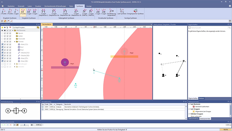 Bild bestehend aus Bestandteilen der Benutzeroberfläche von der ASOM v10 Kinematik-Software zum Fallbeispiel "Zwei-Punkte-Synthese für Viergelenke"