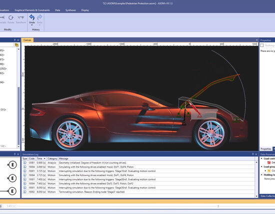 Bild bestehend aus Bestandteilen der Benutzeroberfläche von der ASOM v10 Kinematik-Software zum Fallbeispiel "Mechanik für einen Autositz im Motorbetrieb"