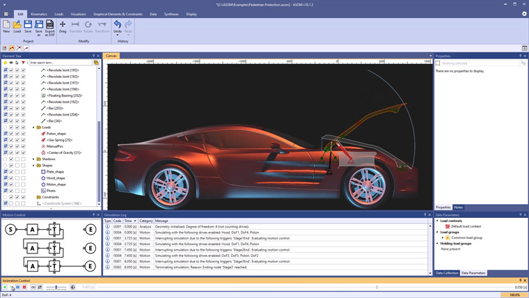 Bild bestehend aus Bestandteilen der Benutzeroberfläche von der ASOM v10 Kinematik-Software zum Fallbeispiel "Mechanik für einen Autositz im Motorbetrieb"