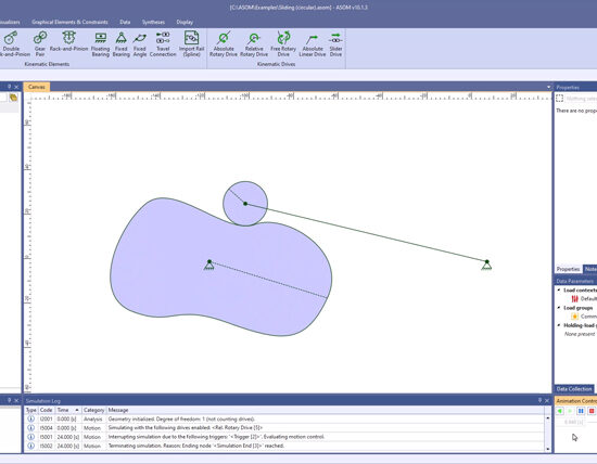 Bild bestehend aus Bestandteilen der Benutzeroberfläche von der ASOM v10 Kinematik-Software zum Fallbeispiel "Abgleiten und Abrollen von kreisförmiger Form auf beliebiger Form"
