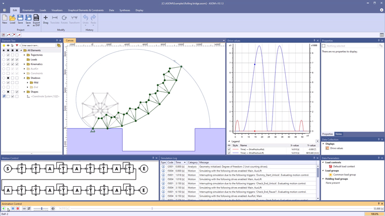 Bild bestehend aus Bestandteilen der Benutzeroberfläche von der ASOM v10 Kinematik-Software zum Fallbeispiel "Mehrfache Schatten-Vorschauen am Beispiel einer Rollbrücke"