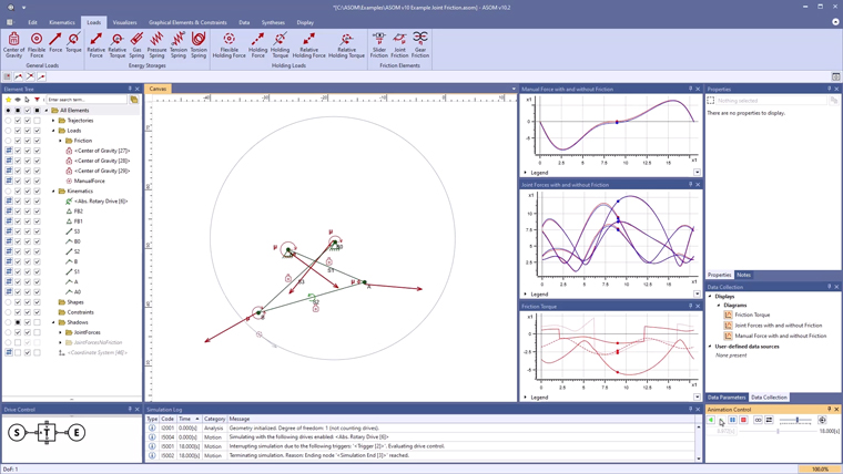 Bild bestehend aus Bestandteilen der Benutzeroberfläche von der ASOM v10 Kinematik-Software zum Fallbeispiel "Zapfenreibung an Drehgelenken in kinematische Modelle einbringen"