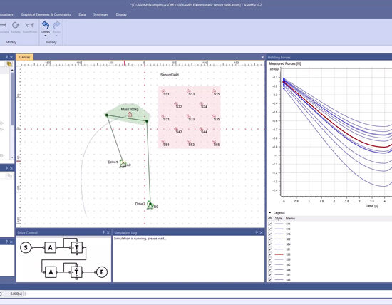 Bild bestehend aus Bestandteilen der Benutzeroberfläche von der ASOM v10 Kinematik-Software zum Fallbeispiel "Kinetostatisches Sensorfeld"